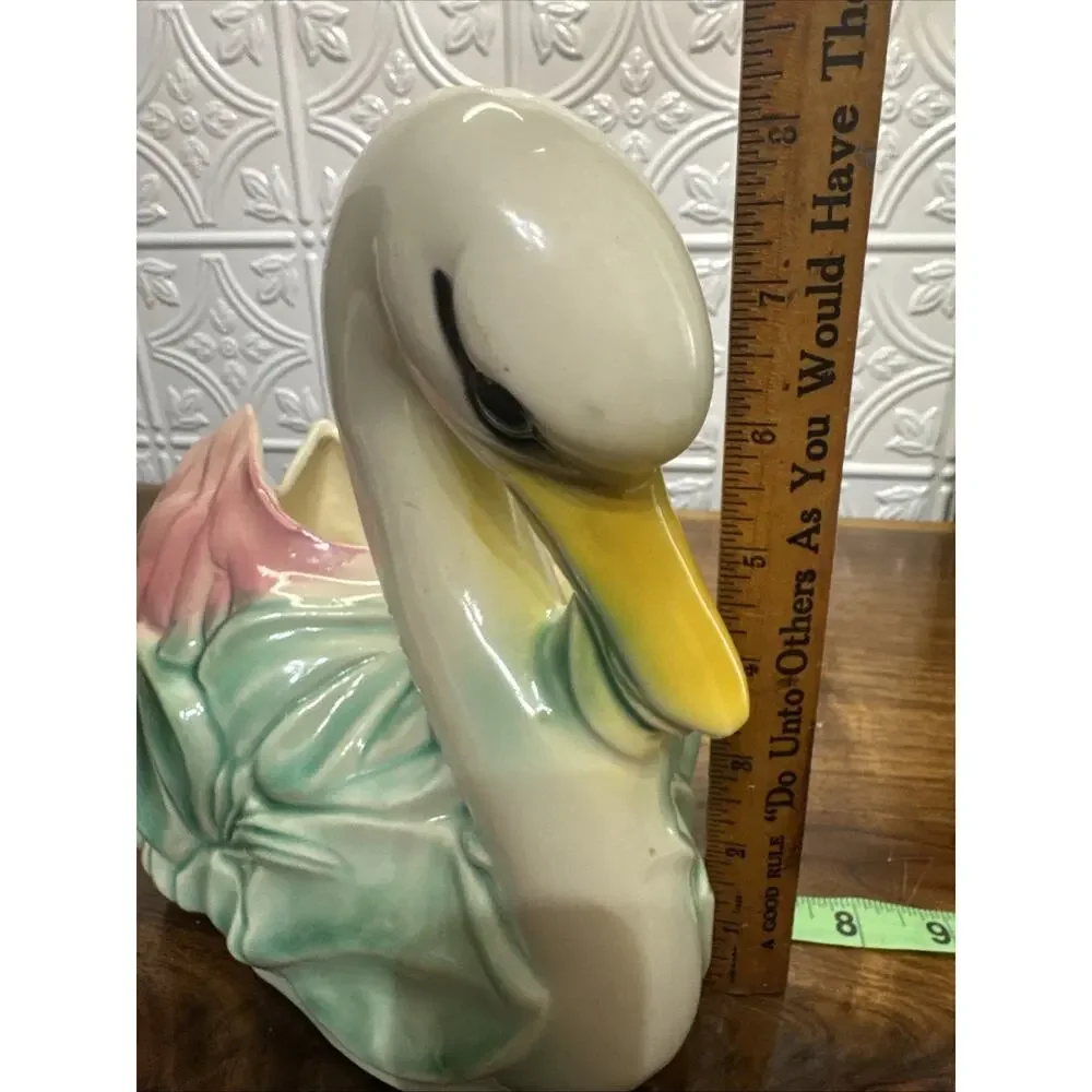 Vtg. Style Swan Ceramic Floral Colorful Large Planter Good Condition Great Color